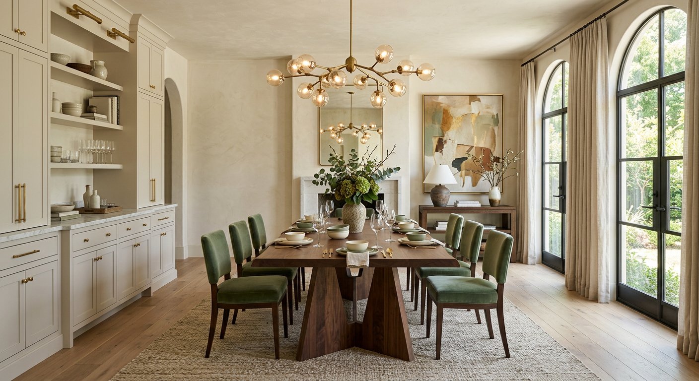 Renovated dining room with sage velvet chairs, oak floors, and a brass chandelier